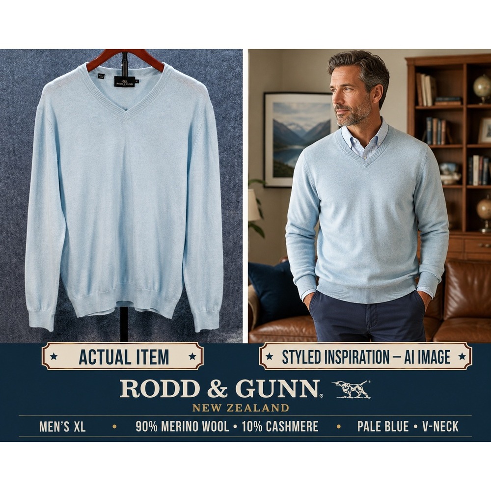 Rodd & Gunn V-Neck Sweater Mens Merino Wool Cashmere Pale Blue XL Excellent